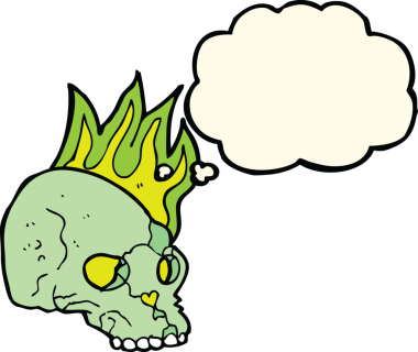 Bir insan tarafından çizilmiş düşünce baloncuklu garip kafatası.