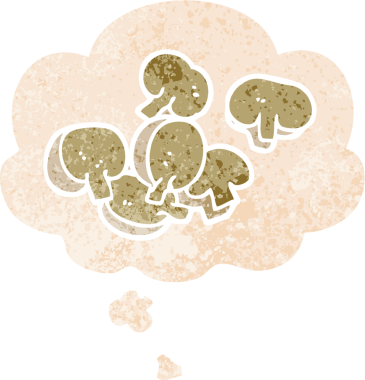 Bir insan tarafından çizilmiş grunge sıkıntılı retro dokuma tarzı ile düşünce baloncuğu ile doğranmış mantarlar