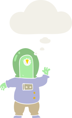 Bir insan tarafından çizilmiş düşünce baloncuğu olan uzaylı çizgi film.