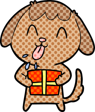 Bir insan tarafından çizilmiş Noel hediyesi olan sevimli bir çizgi film köpeği.