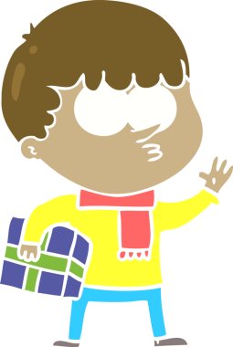 Düz renkli çizgi film meraklısı çocuk bir insan tarafından çizilmiş bir hediye taşıyor.