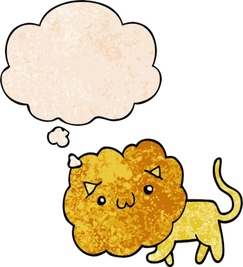 Bir insan tarafından çizilmiş grunge desenli düşünce baloncuklu çizgi film aslanı.