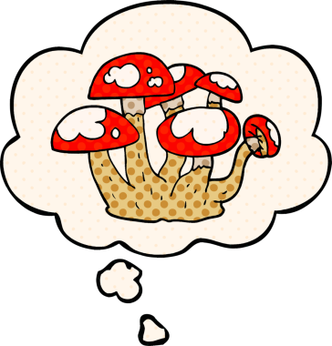 Çizgi roman tarzında bir insan tarafından çizilmiş düşünce baloncuklu mantarlar.