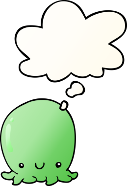 Bir insan tarafından çizilmiş yumuşak eğimli düşünce baloncuklu şirin ahtapot.