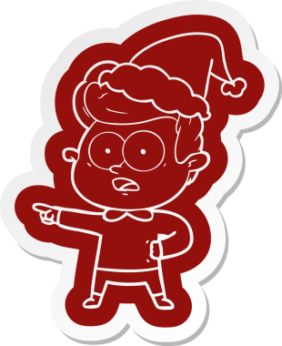 Bir insan tarafından çizilmiş Noel Baba şapkası giyen tuhaf bir adamın çizgi film çıkartması.