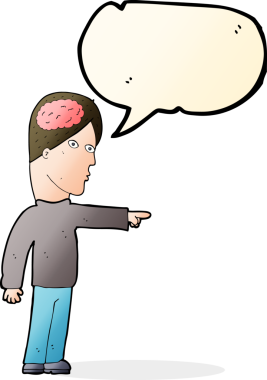 Bir insan tarafından çizilmiş konuşma baloncuğuyla işaret eden akıllı bir çizgi film.