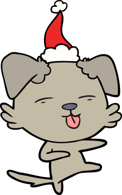 Bir insanın çizdiği Noel Baba şapkasıyla dans eden bir köpeğin el çizimi.