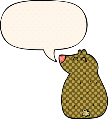 Bir insan tarafından çizilmiş çizgi roman tarzında konuşma balonu olan sevimli çizgi film ayısı.