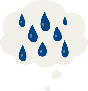 Düşünce baloncuğu olan karikatür yağmur damlaları insan tarafından çizilmiş.