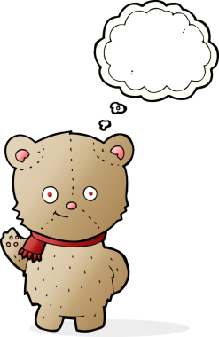 Bir insan tarafından çizilmiş düşünce baloncuğuyla sallanan çizgi film ayısı.