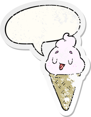 Konuşma baloncuklu tatlı çizgi film dondurması bir insan tarafından çizilmiş sıkıntılı eski bir çıkartma