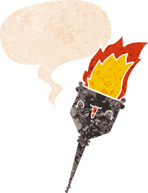 Bir insan tarafından çizilmiş grunge sıkıntılı retro desenli konuşma baloncuklu alevli kadeh.