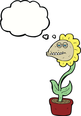 Bir insan tarafından çizilmiş düşünce baloncuklu canavar çiçek.