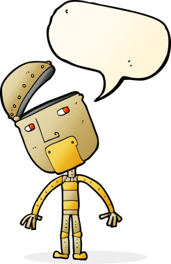 Bir insan tarafından çizilmiş konuşma balonu olan çizgi film robotu.