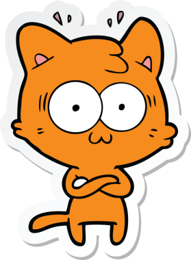 Bir çizgi film çıkartması. Bir insan tarafından çizilmiş, şaşırmış bir kedi.