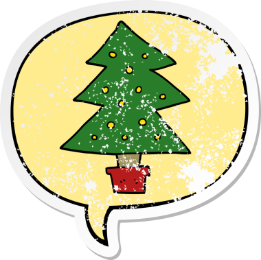 Bir insan tarafından çizilmiş, sıkıntılı, eski bir çıkartma olan, konuşma baloncuklu bir çizgi film Noel ağacı.