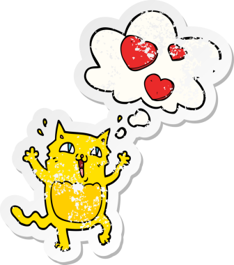 Düşünce baloncuğuna deli gibi aşık çizgi film kedisi insan tarafından çizilmiş yıpranmış bir çıkartma gibi.