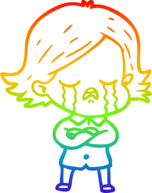 Gökkuşağı gradyan çizimi bir insan tarafından çizilmiş ağlayan bir çizgi kız çizimi