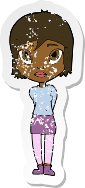 Bir insan tarafından çizilmiş utangaç bir kızın retro sıkıntılı çıkartması.