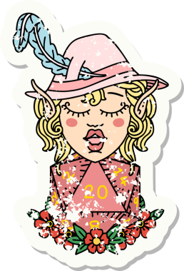 Bir insan tarafından çizilmiş doğal yirmi zarlı elf ozan karakterinin grunge sticker 'ı