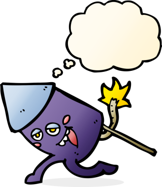 Bir insan tarafından çizilmiş düşünce baloncuklu komik havai fişek karakteri.