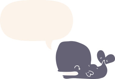 Konuşma baloncuğu olan çizgi film balinası insan tarafından çizilmiş.