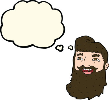 Bir insan tarafından çizilmiş düşünce baloncuğuyla gülen sakallı bir adam.