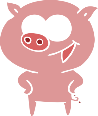 Bir insan tarafından çizilmiş neşeli domuz düz renkli çizgi film.