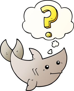 Çizgi film köpekbalığı, bir insan tarafından çizilmiş yumuşak eğimli düşünce baloncuğu ile soru soruyor.