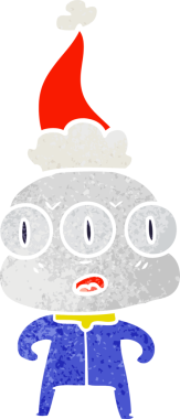 Bir insan tarafından çizilmiş Noel Baba şapkası giyen üç gözlü bir uzaylının el çizimi karikatürü.