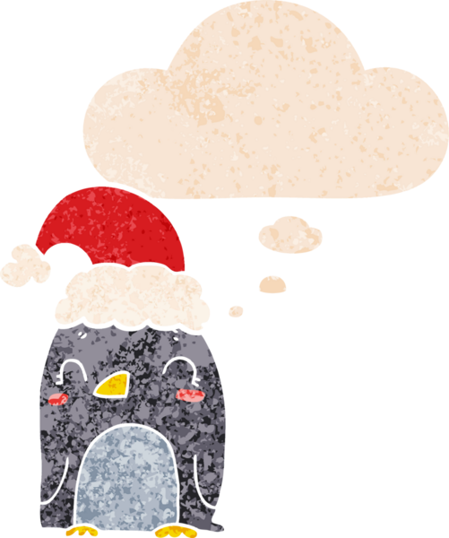 Hoş bir noel pengueni grunge 'da düşünce baloncuğu olan kederli eski moda bir insan tarafından çizilmiş.