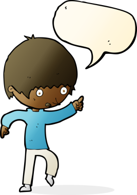 Bir insan tarafından çizilmiş konuşma balonuyla işaret eden endişeli bir çocuk.