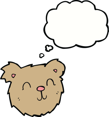 Bir insan tarafından çizilmiş düşünce baloncuklu mutlu oyuncak ayı suratı.