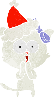 Bir insan tarafından çizilmiş Noel Baba şapkası takan bir kedinin retro karikatürü.