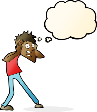 Bir insan tarafından çizilen düşünce baloncuğuyla panikleyen çizgi film adamı.