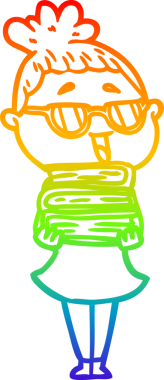 Bir insan tarafından çizilmiş gözlük takan mutlu bir kadının çizgi çizimi.