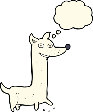 Bir insan tarafından çizilmiş düşünce balonlu komik çizgi film köpeği.