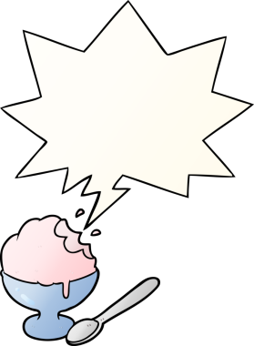 Bir insan tarafından çizilmiş, konuşma baloncuklu dondurma kasesinde karikatür dondurması.