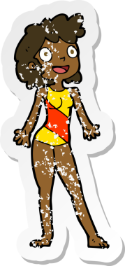 Bir insan tarafından çizilmiş yüzme kostümlü bir karikatür kadın etiketi.