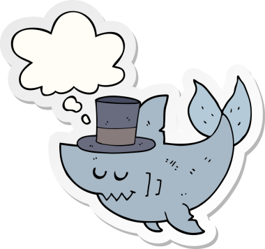 Düşünce baloncuklu silindir şapka takan karikatür köpekbalığı insan tarafından çizilmiş bir çıkartma.