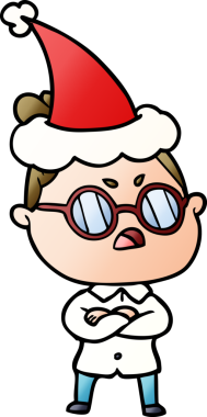 Bir insan tarafından çizilmiş Noel Baba şapkası giymiş rahatsız bir kadının el çizimi karikatürü.