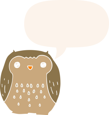 Bir insan tarafından çizilmiş konuşma baloncuğu olan sevimli çizgi film baykuşu.