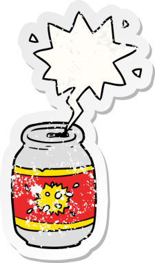 Bir insan tarafından çizilmiş karikatür konservesi ve konuşma balonu sıkıntılı eski bir çıkartma