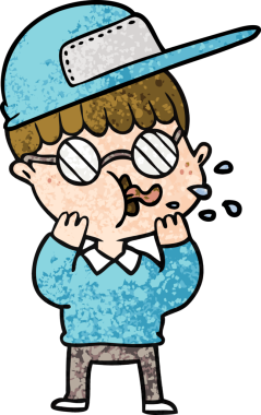 Bir insan tarafından çizilmiş gözlüklü ve şapkalı çizgi film çocuğu.