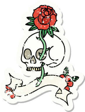 Bir insan tarafından çizilmiş kafatası ve gülü olan eski bir etiket.