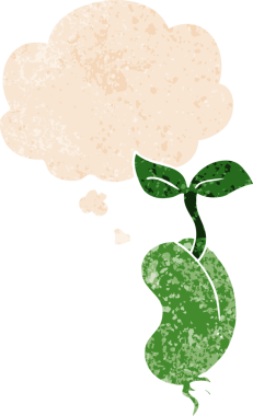 Düşünce baloncuğuyla filizlenen çizgi film tohumu grunge sıkıntılı retro desen tarzı bir insan tarafından çizilmiş