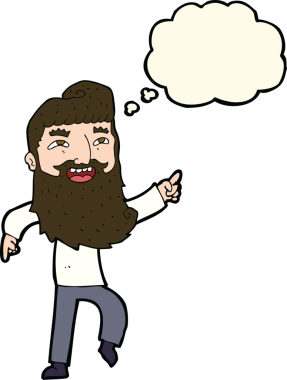 Çizgi filmdeki sakallı adam gülüyor ve bir insan tarafından çizilmiş düşünce balonuyla işaret ediyor.