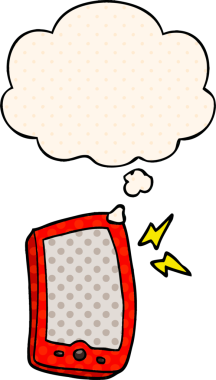 Bir insan tarafından çizilmiş çizgi roman tarzında düşünce baloncuklu cep telefonu.