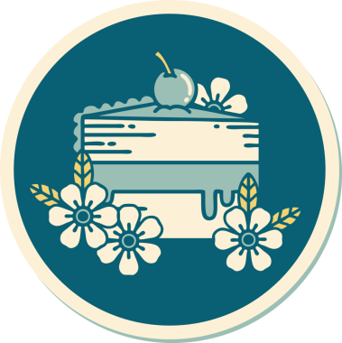 Bir insan tarafından çizilmiş geleneksel bir pasta dilimi ve çiçek stili dövme çıkartması.