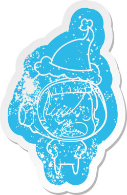 Astronot bir kadının insan tarafından çizilmiş Noel Baba şapkası giydiğini anlatan garip bir karikatür.